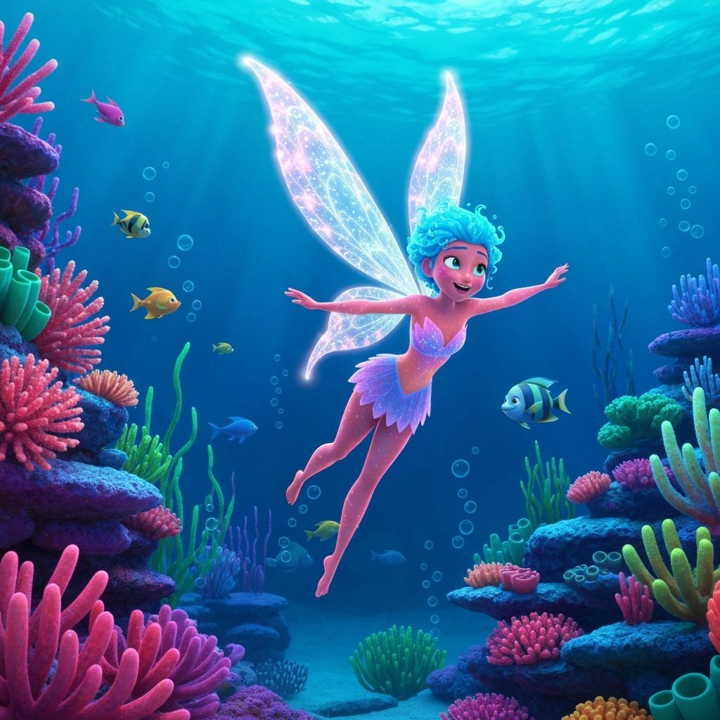 Bioluminescent Fairy in Coral Reef, Disney-Pixar Style
