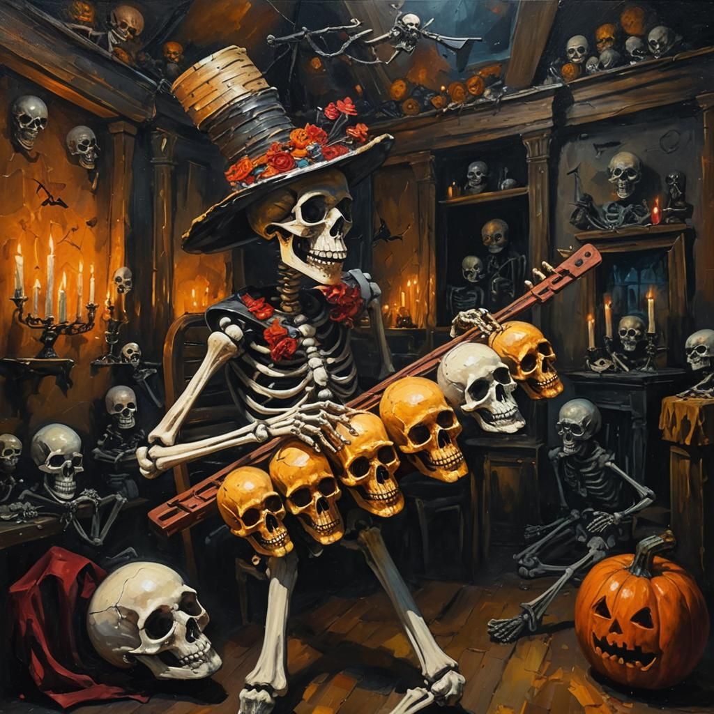 Skeleton's Skull Xylophone: Impasto Oil Painting