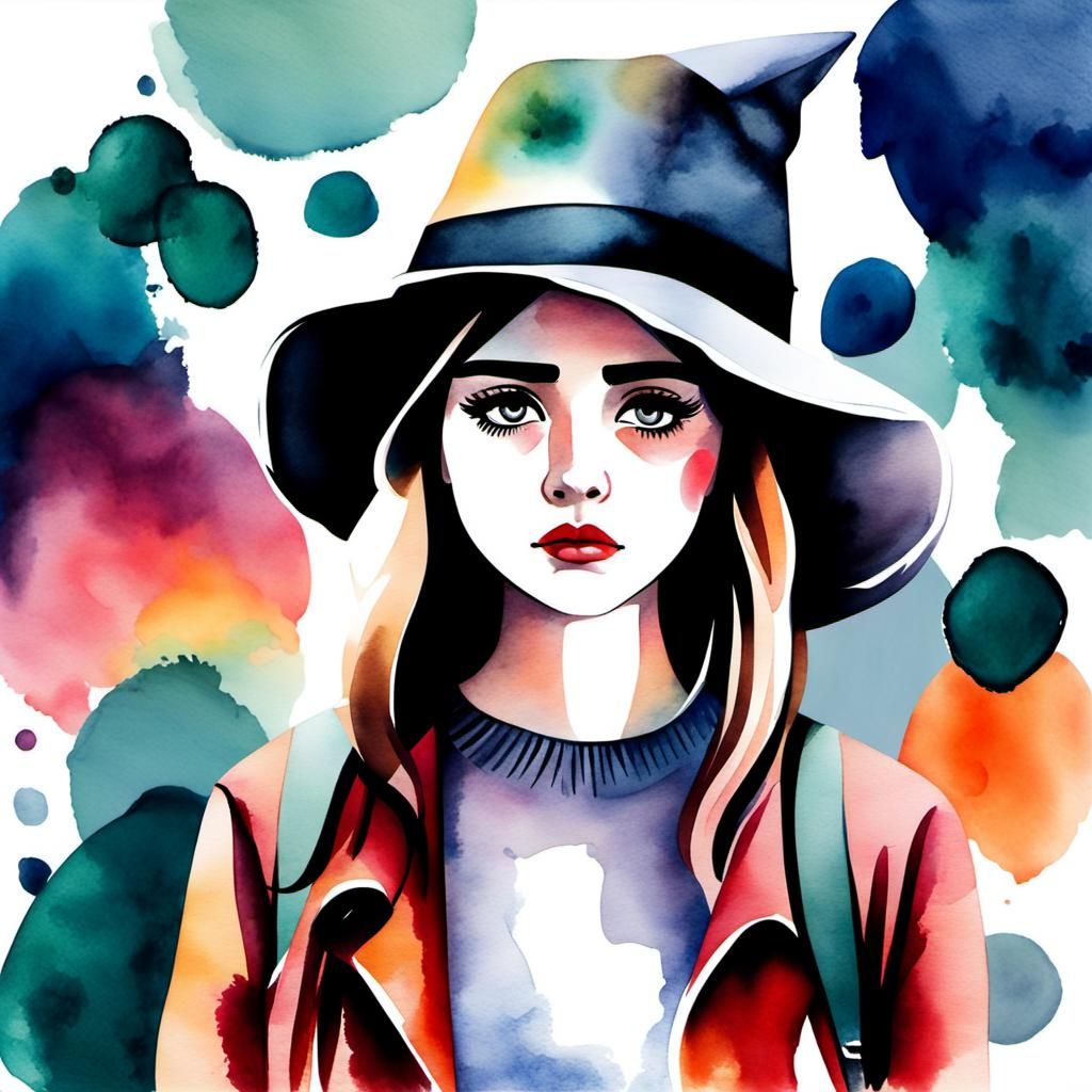 Sad Girl with Pointed Hat in Watercolor Style