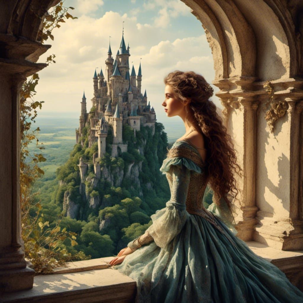 Dreamy Castle View Portrait of Young Lady