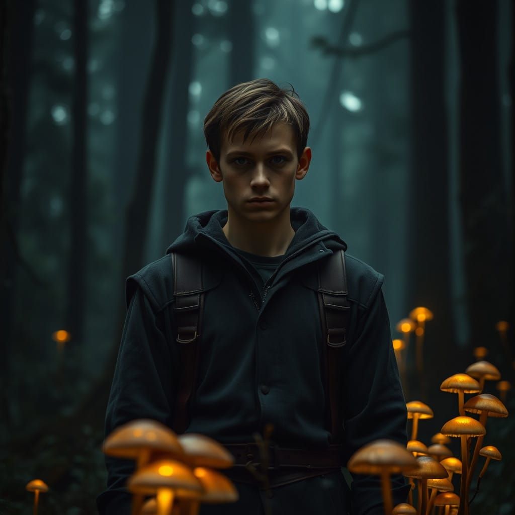 Ethereal Young Man Stands at Forest's Edge, Witch's Legacy i...
