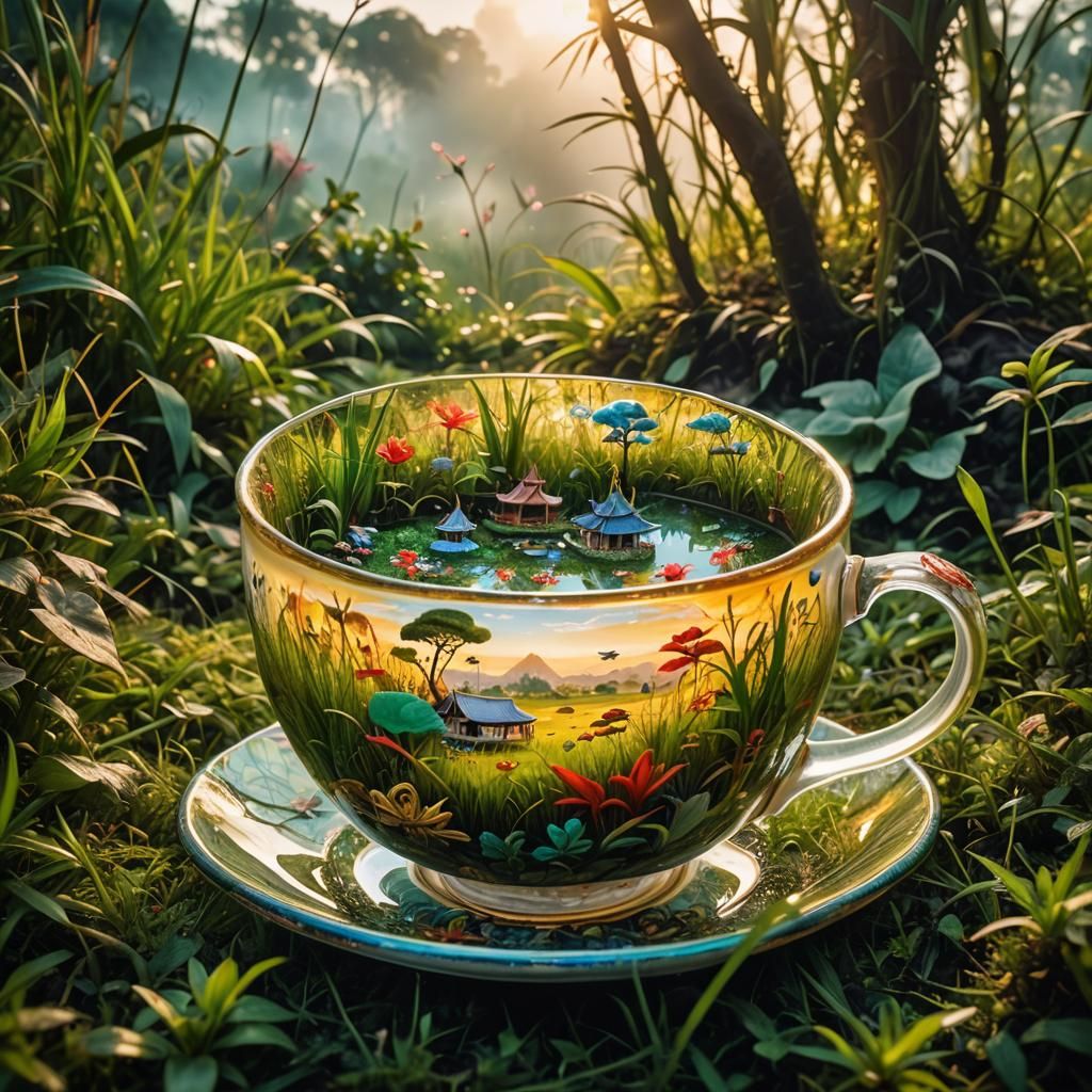 Miniature Ecosystem Inside Glass Teacup, Surreal Art