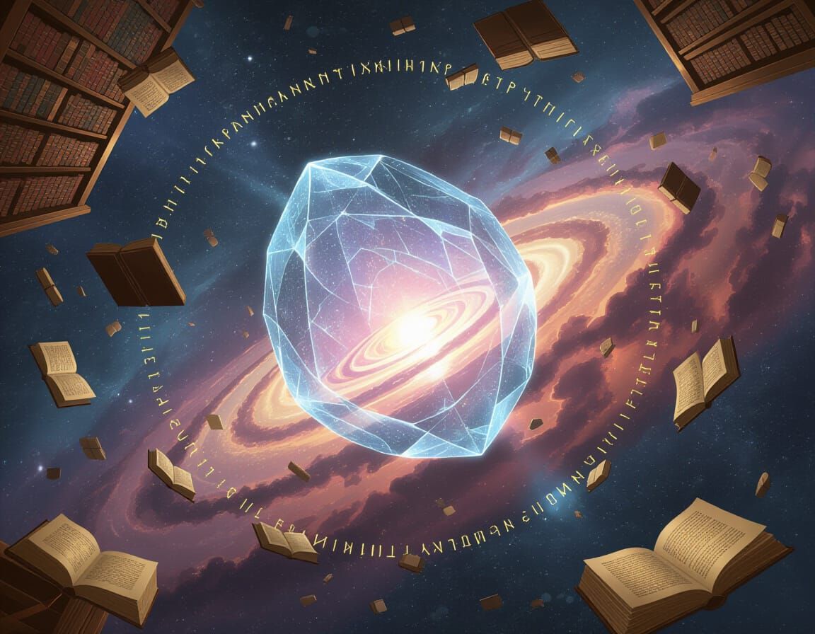 Cosmic Crystalline Library with Orbiting Books
