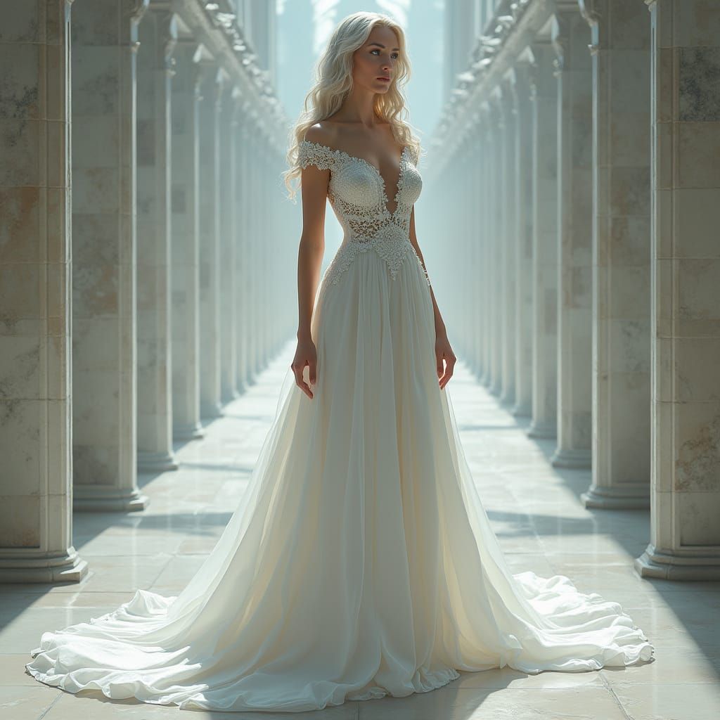 Elegant Woman in White Lace Gown, Fantasy Concept Art