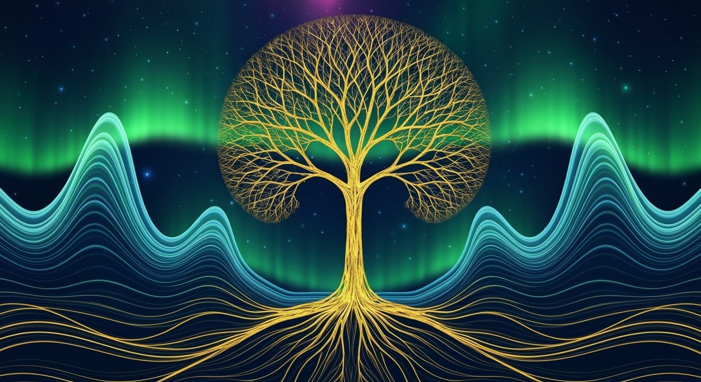 Golden Energy Tree Surrounded by Blue and Green Fractals