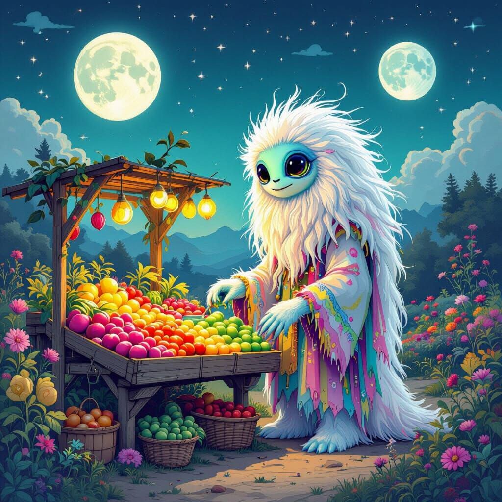 Fluffy Alien Farmer on a Bioluminescent World