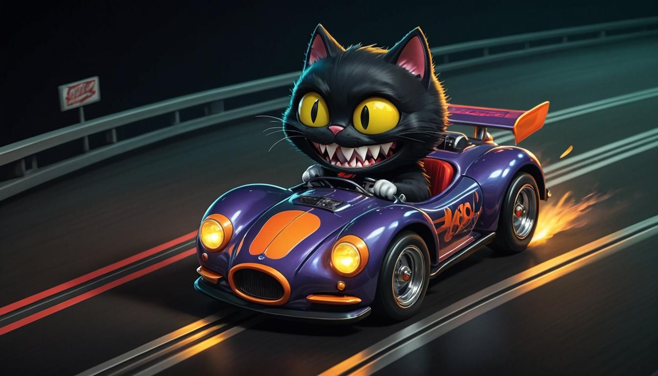 Vibrant Chibi Black Cat Rides Psychedelic Hot Rod