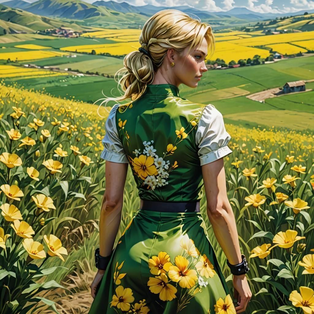 Blonde Woman with Flowers: Hyperrealistic Surreal Photo
