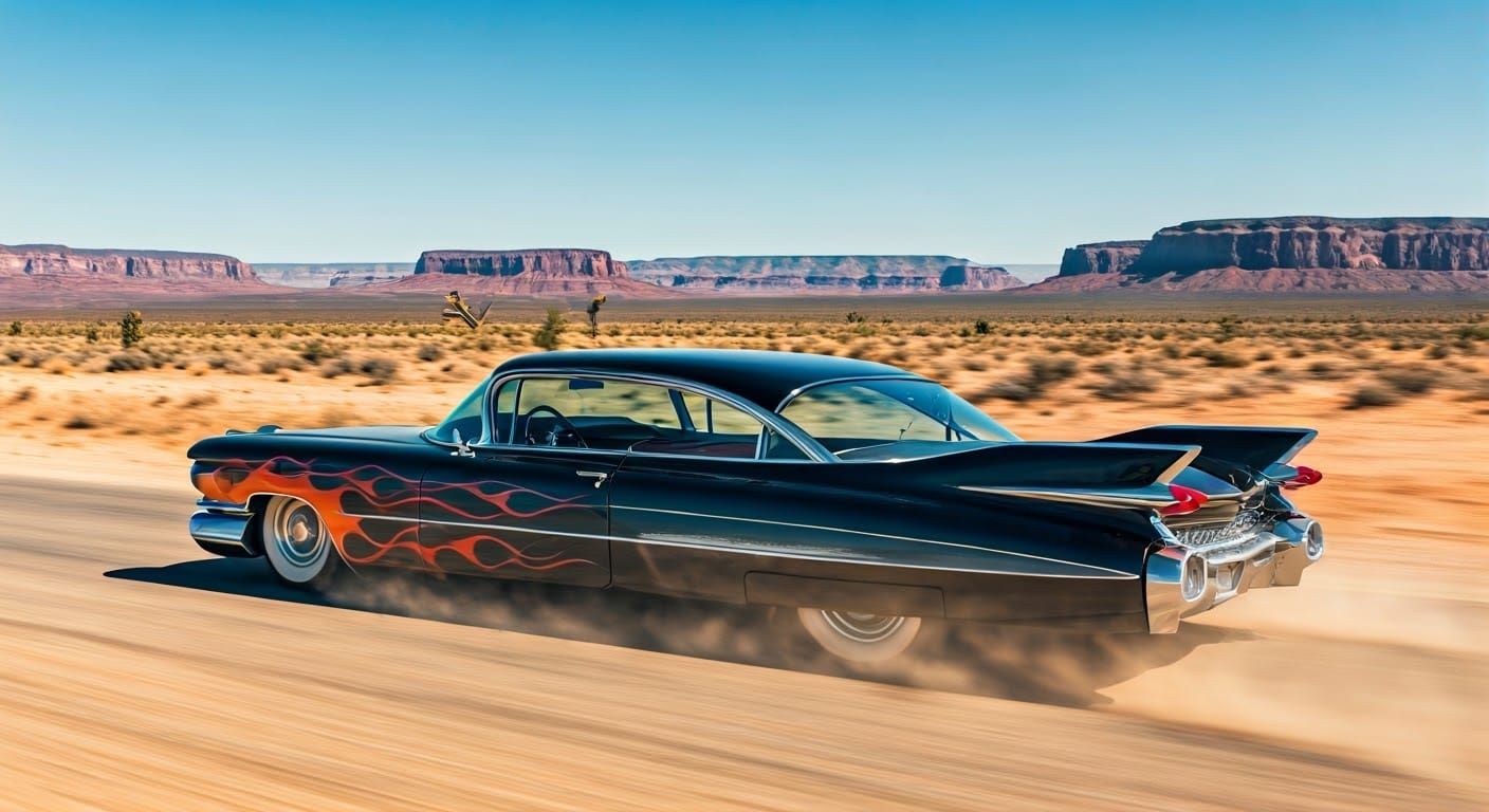 Sleek 1959 Cadillac Speeds Across Desert Horizon