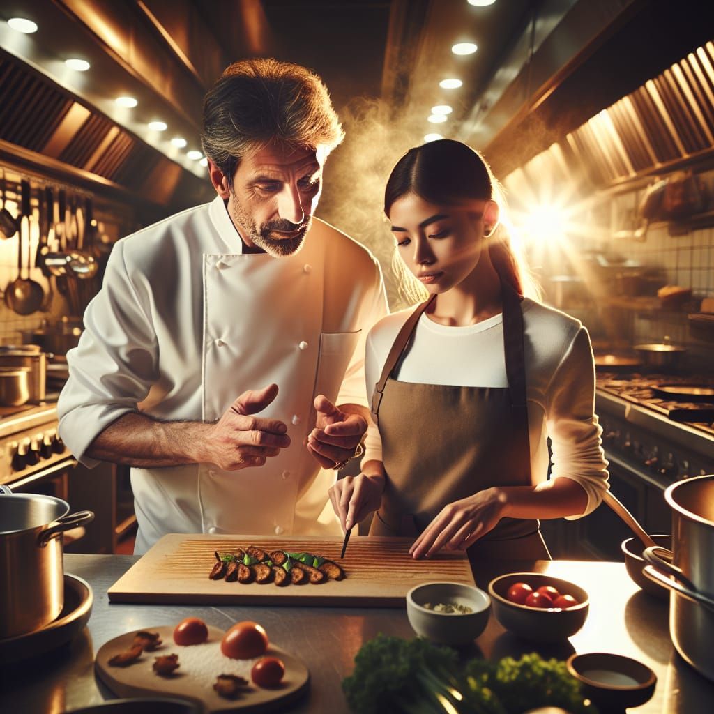 Chef and Apprentice Preparing Gourmet Dish