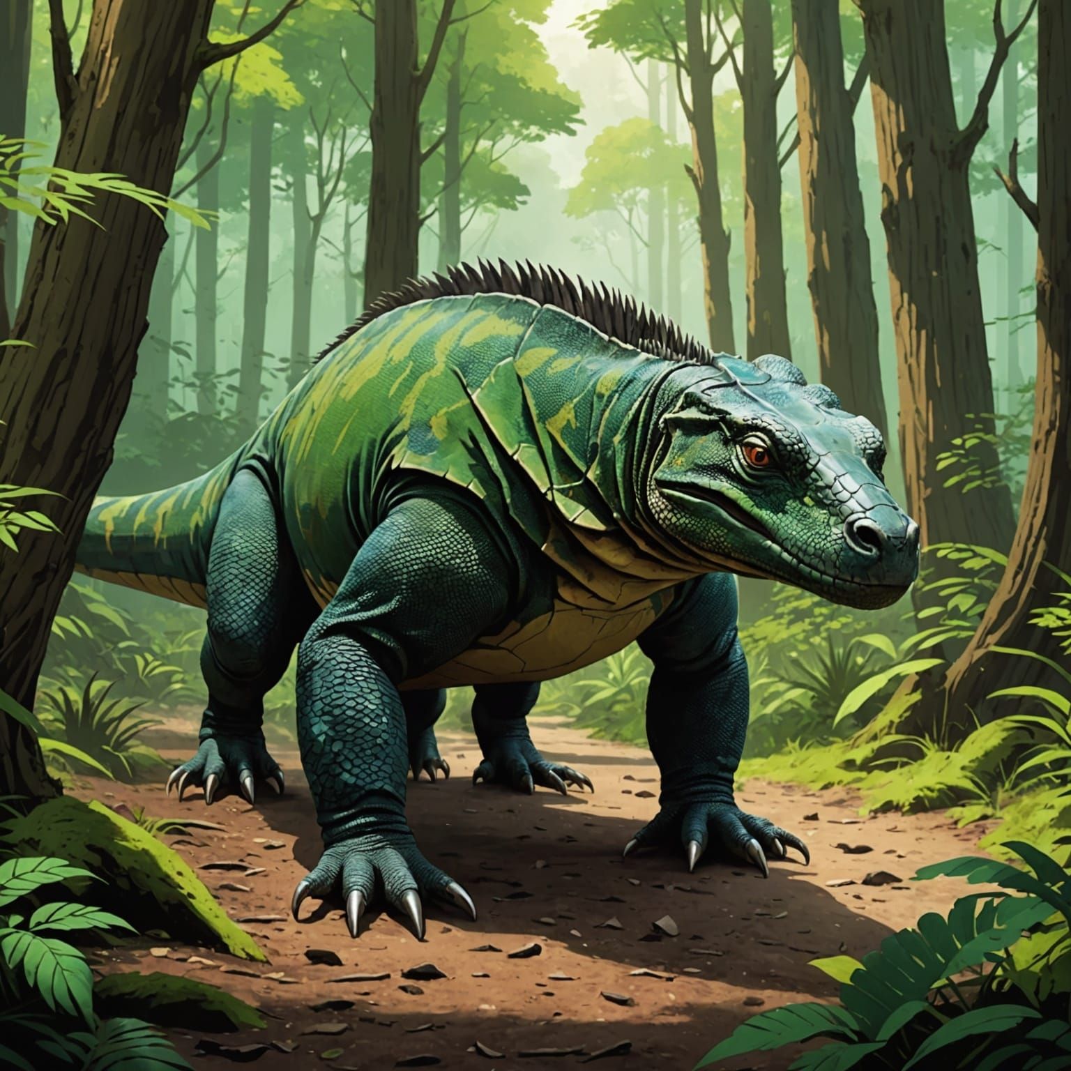 Komodo Dragon in Anime Style Forest