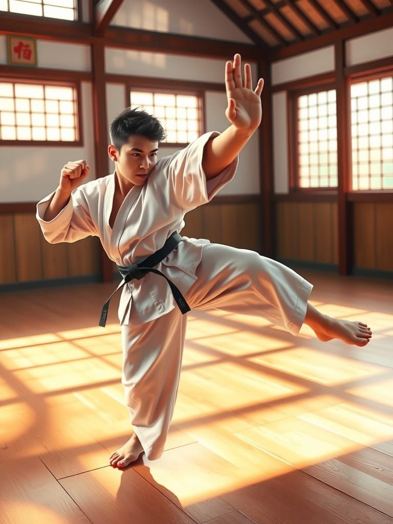 Dynamic Karate Student Flying Kick in Dojo