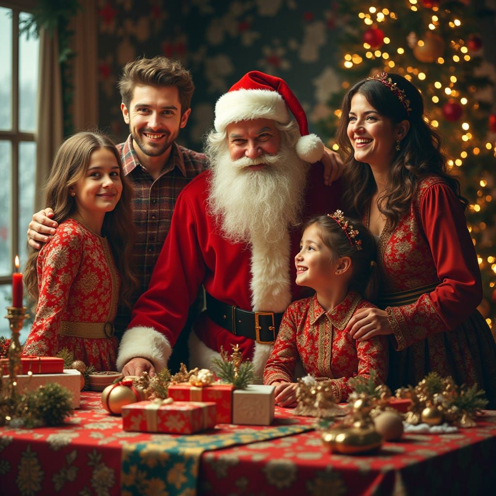 A Joyous Christmas Scene with Santa Claus and Family Gathere...