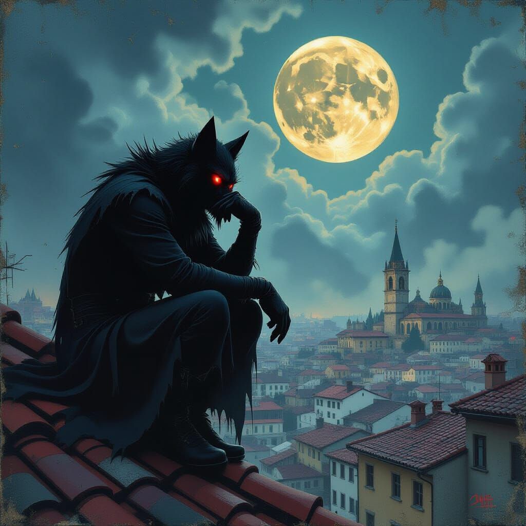 Dark Lycanthrope Shadow on Rooftop Impasto Painting