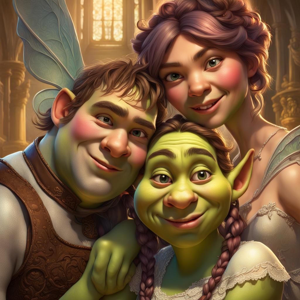 Hyperrealistic Portrait of Shrek, Fiona, and Tooth Fairy