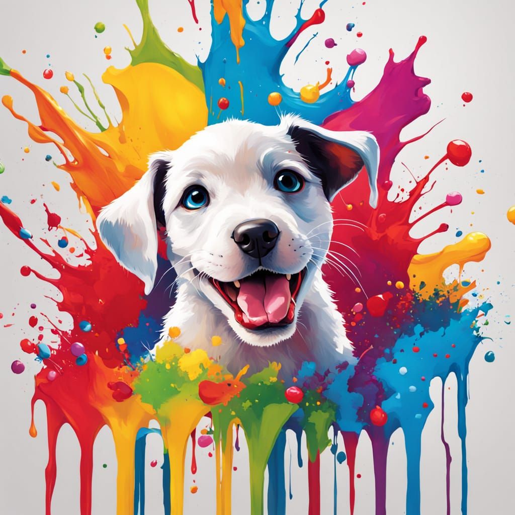 Playful Puppy Splashes Colorful Art