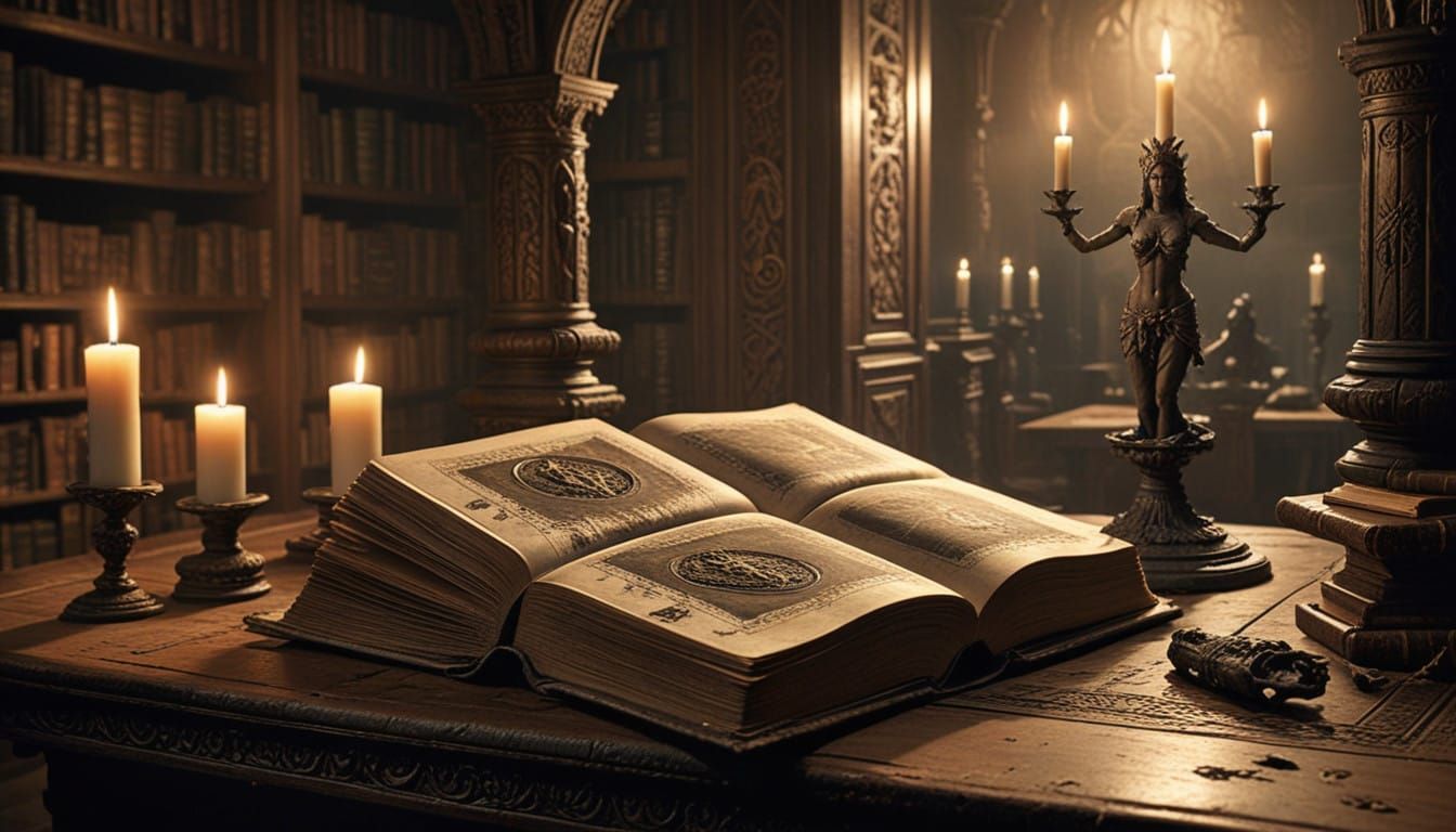 Mystical Leather-Bound Tome in Atmospheric Library