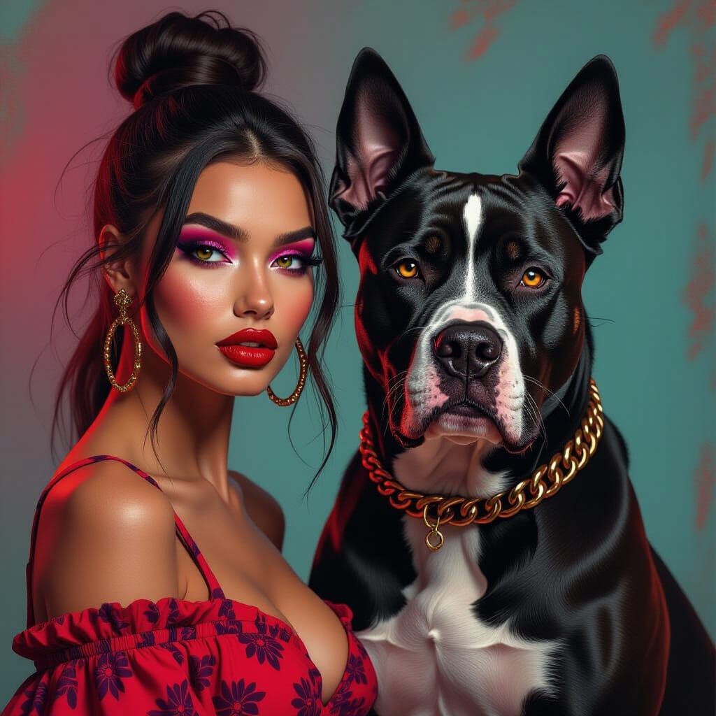 Striking Woman and Amstaff Dog in Hyperrealistic Portrait