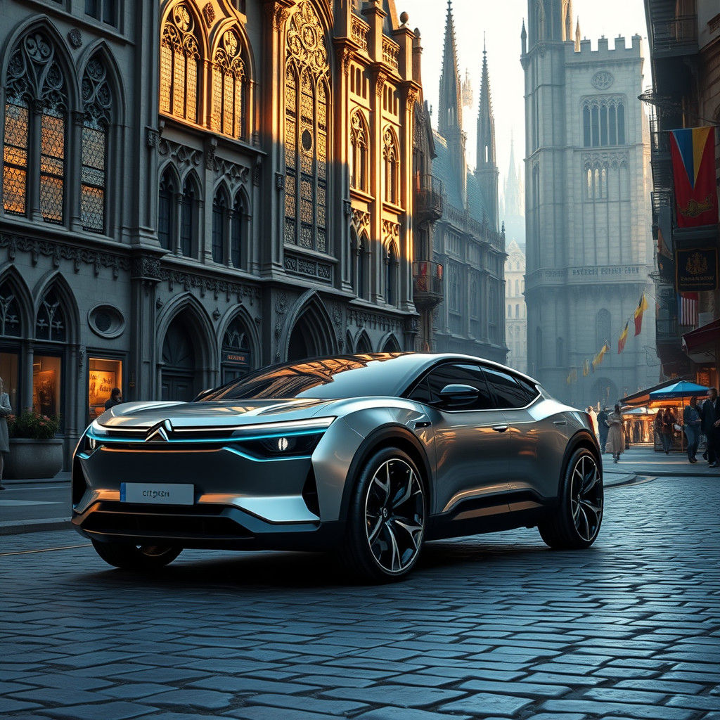 Futuristic Car Cruises Medieval Megapolis: Hyperrealistic Co...