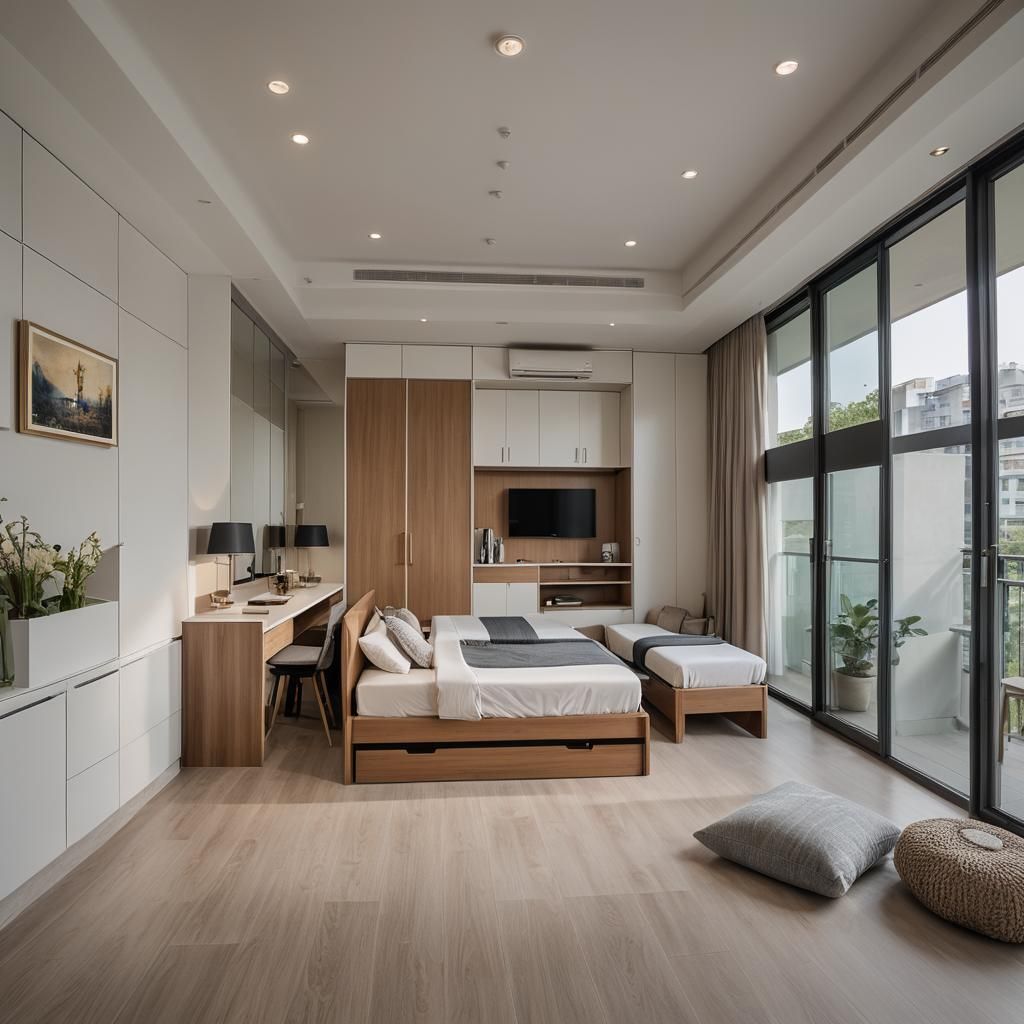 Modern Bedroom with Two Single Beds and Balcony