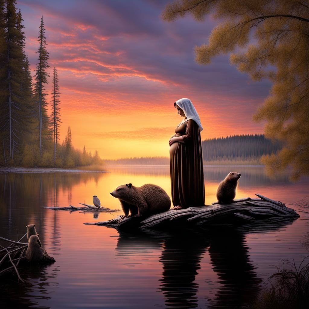 Pregnant Mary with Beaver by a Lake