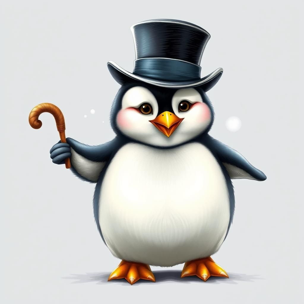Cartoon Penguin Chick with Top Hat and Cane