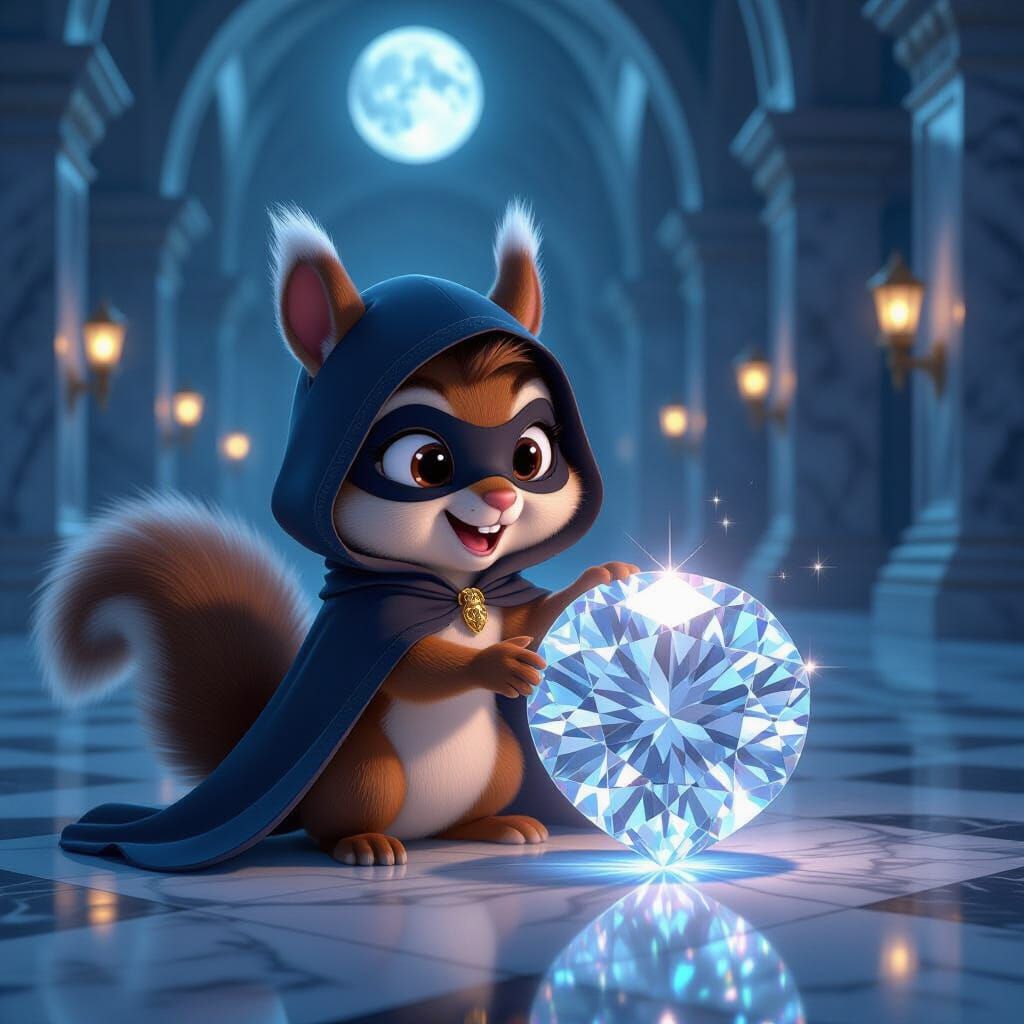 Squirrel Phantom Thief Steals Diamond Acorn, Cartoon Style