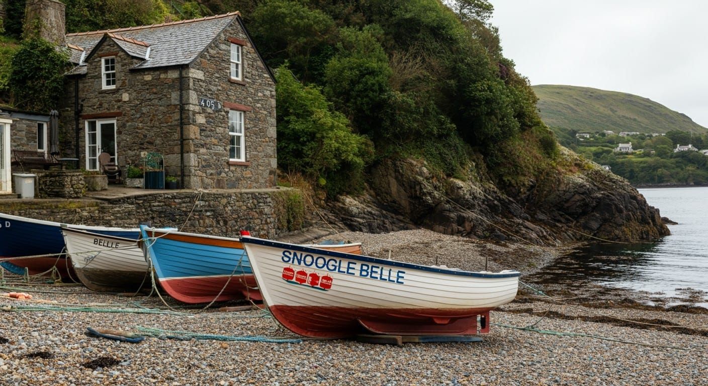 Picturesque Coastal House with Boats on Pebbled Beach