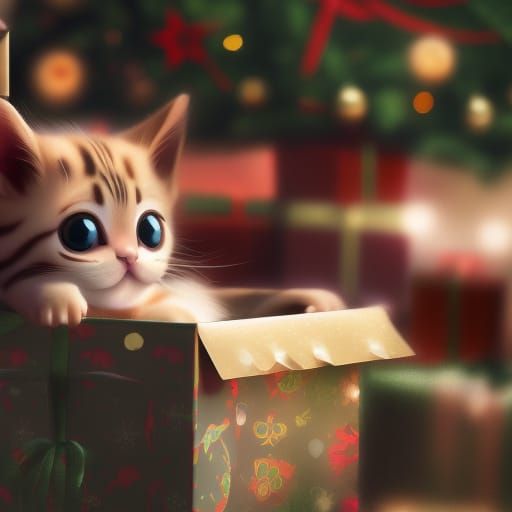 Cute Christmas Kitten in a Box, 3D Cartoon Render