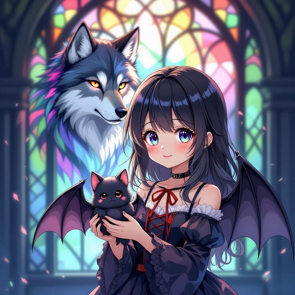 Anime Goth Girl with Bat and Rainbow Wolf Stained Glass