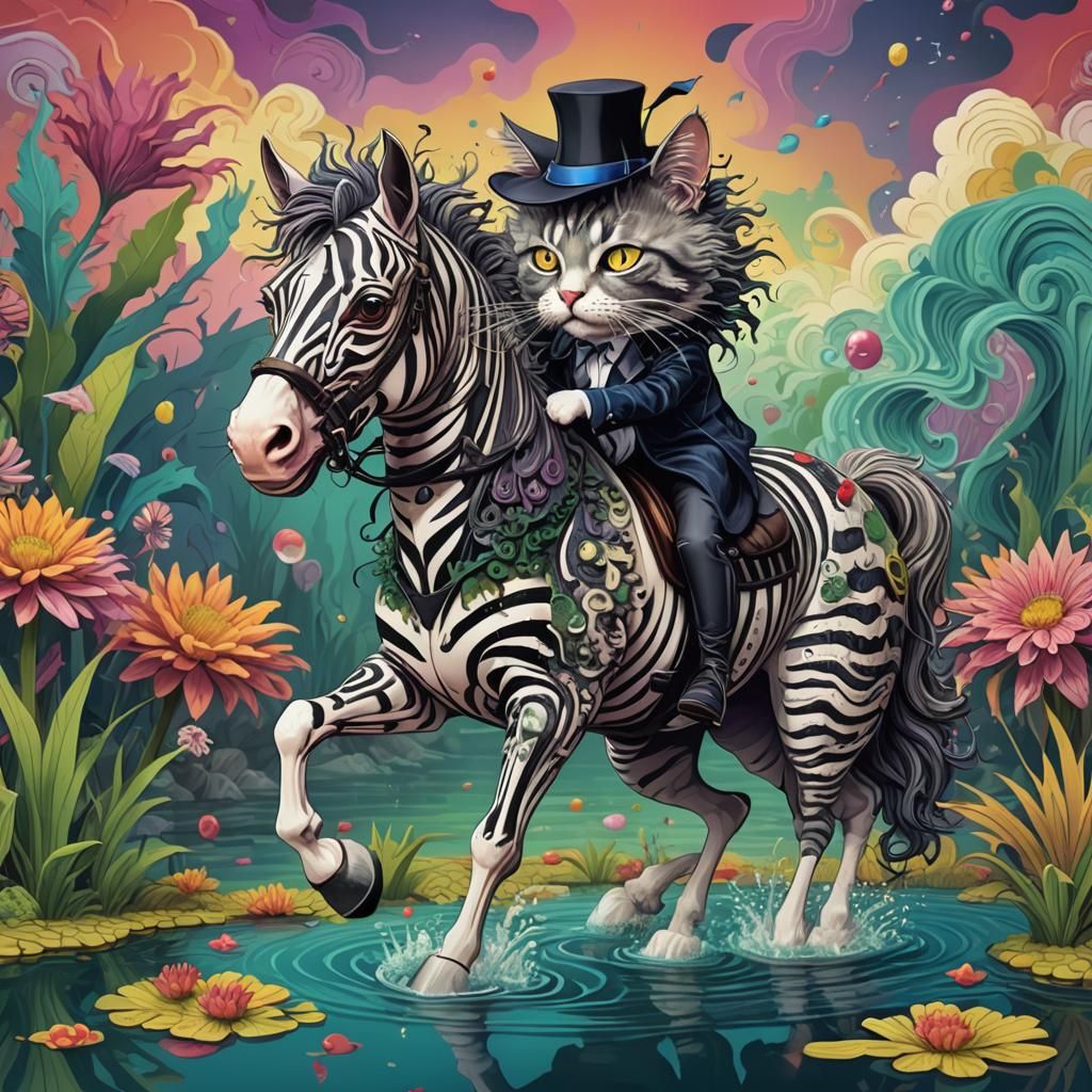 Beetlejuice Cat Riding a Five-Legged Horse