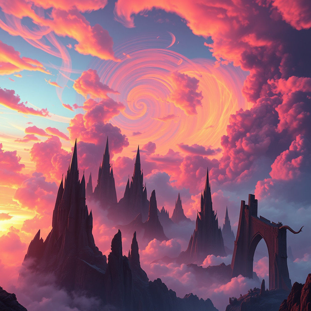 Ethereal Sunset Over Mystical Landscape in Fantasy Art Style