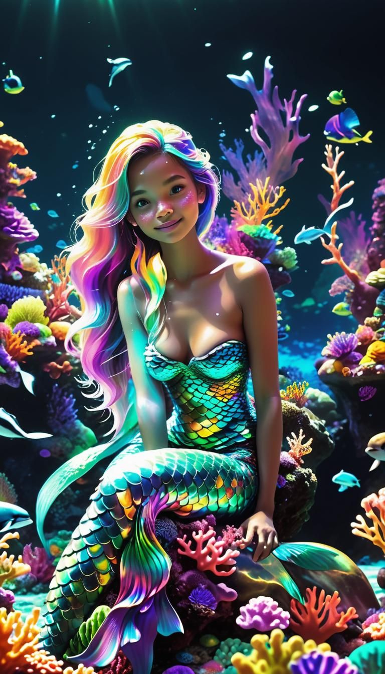 Mermaid on Coral Reef in Bioluminescent Digital Painting
