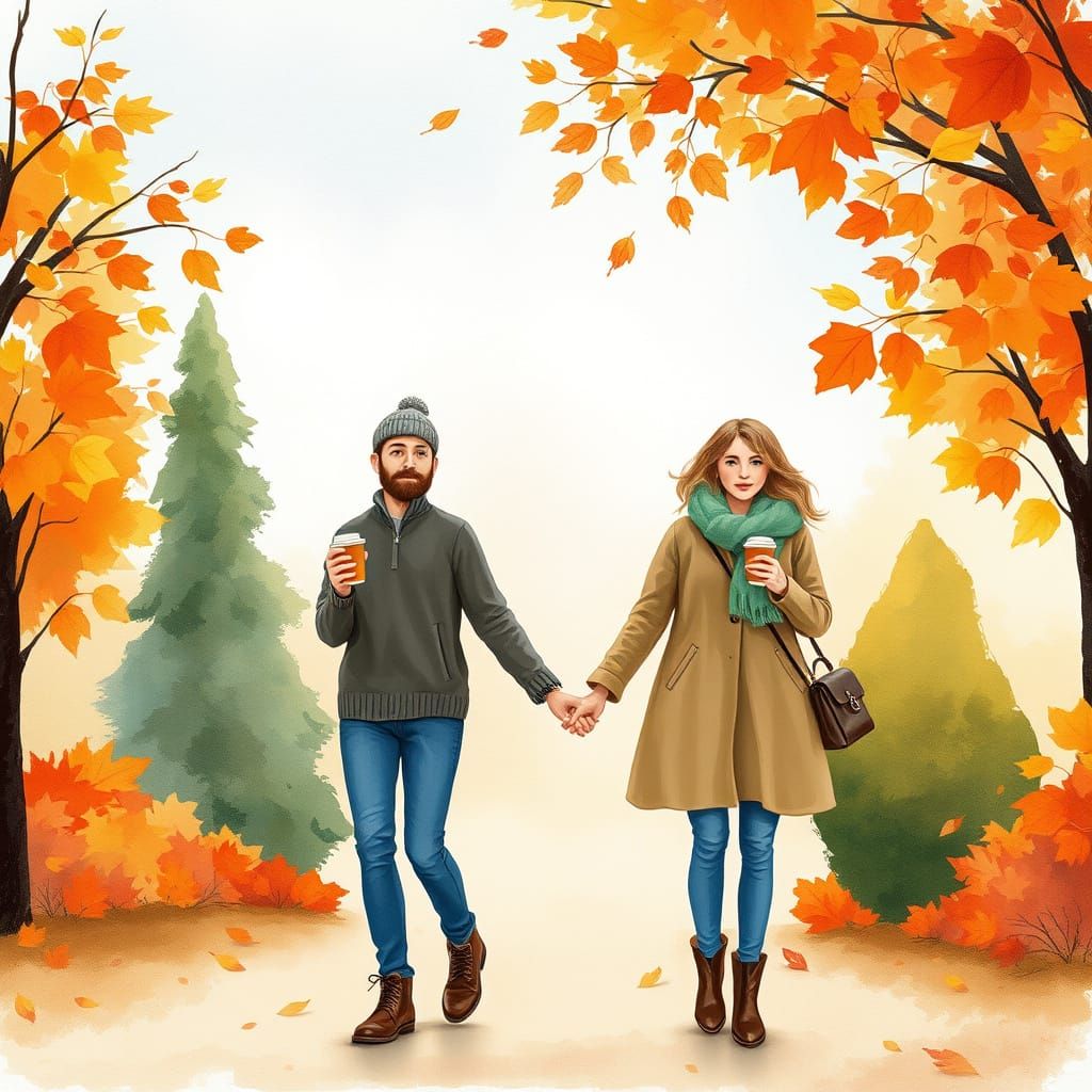 Romantic Autumn Stroll in Watercolor Style