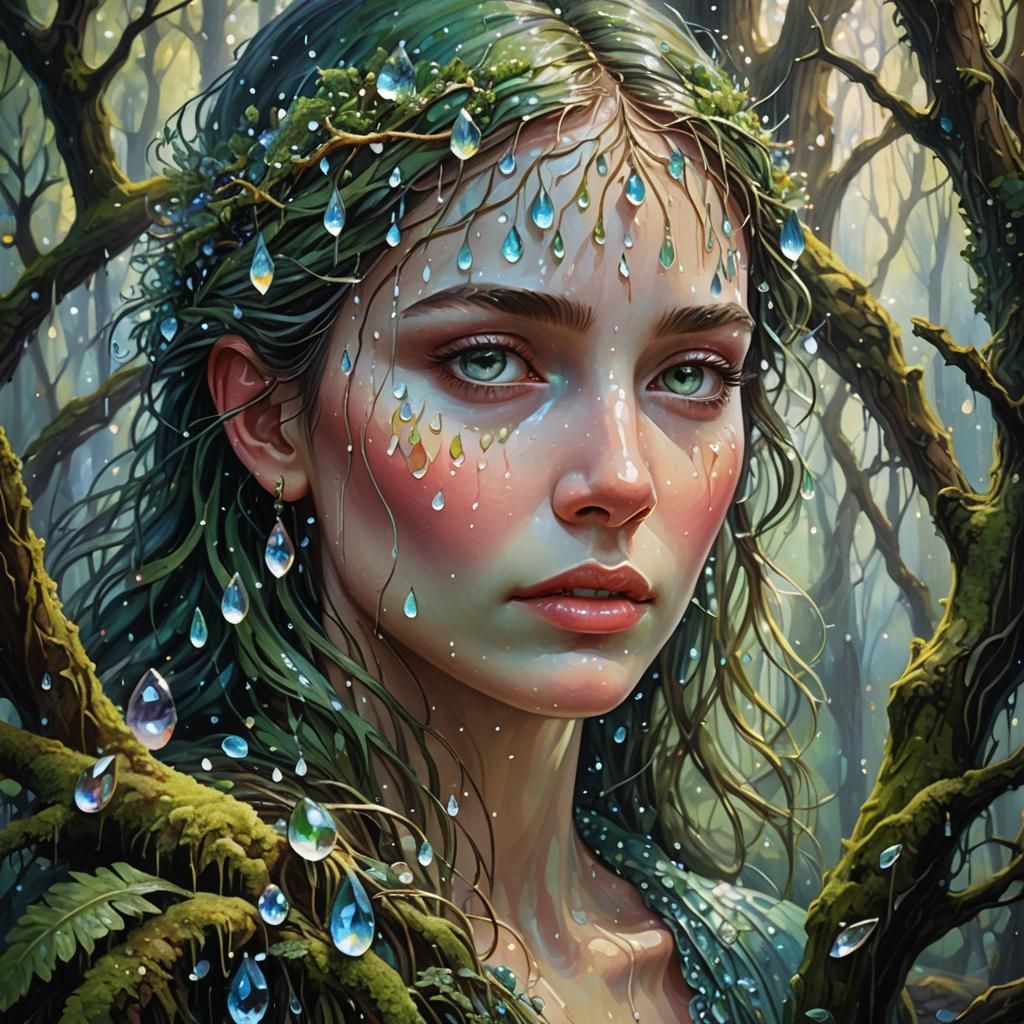 Ethereal Woman in Mystical Forest, Art Nouveau Style