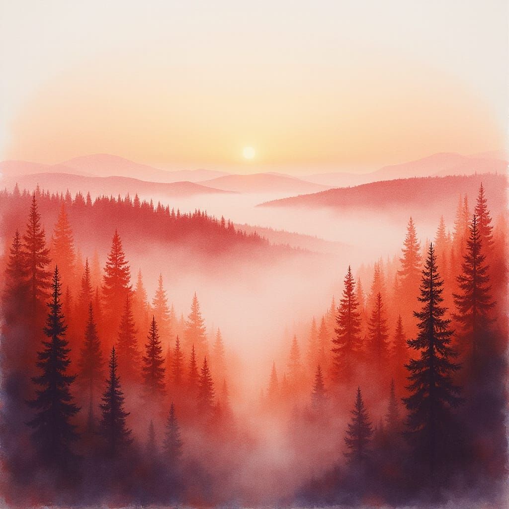 Misty Forest Watercolor Painting in Fiery Hues