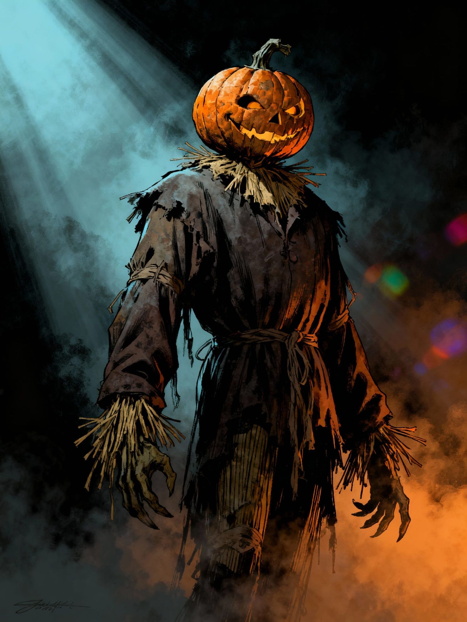 Creepy Pumpkinhead Scarecrow Portrait in Pulp Style