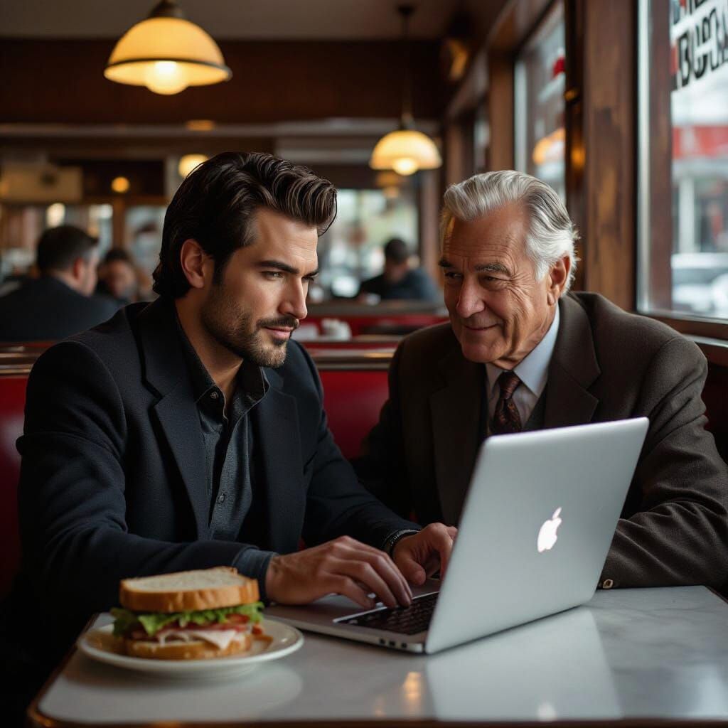 Man Typing in Diner, Approached by Older Gentleman