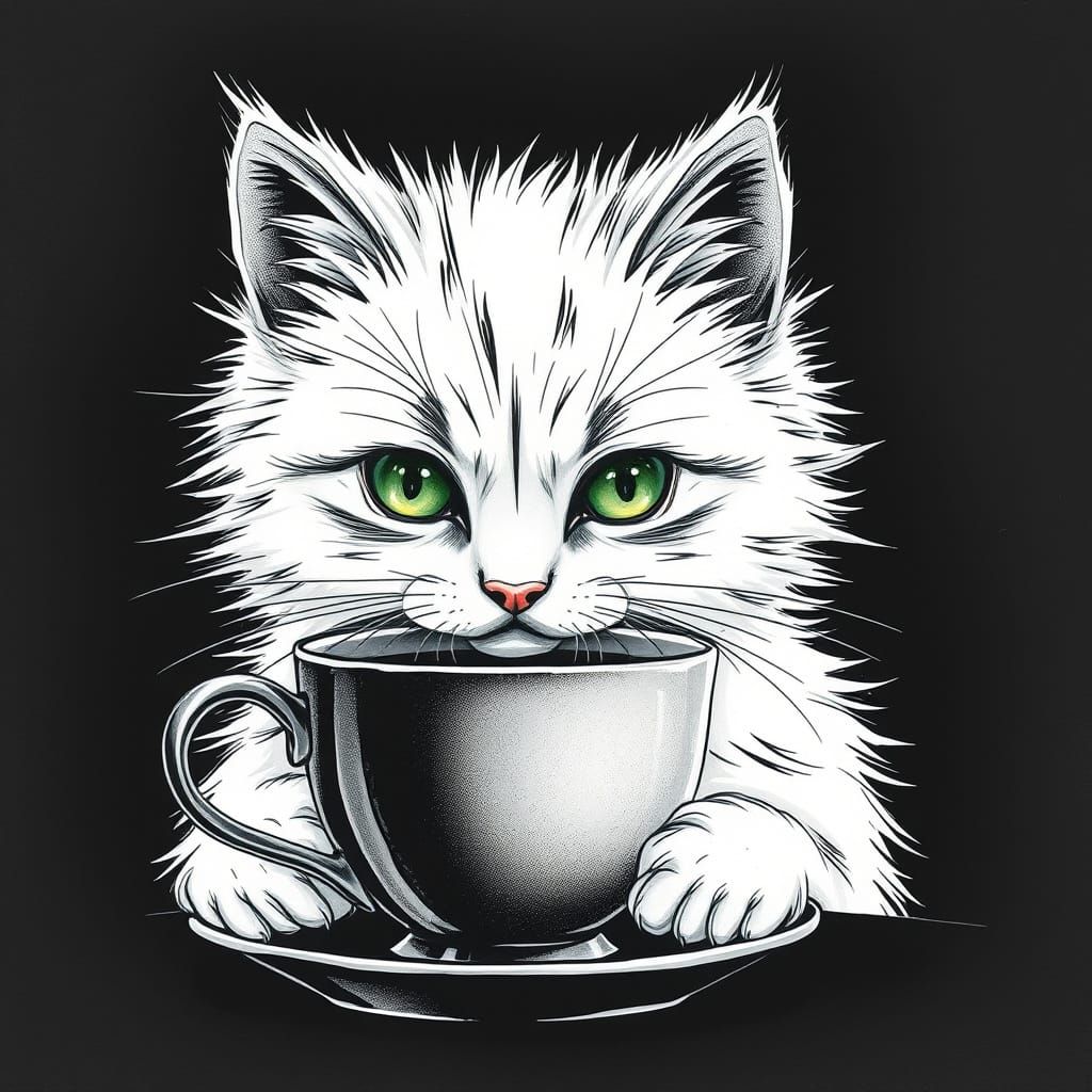 Expressive Kitten with Coffee: Ink Drawing