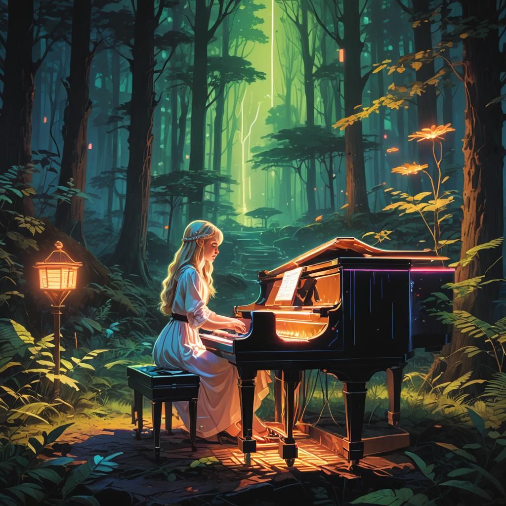 Neon Piano Concert in Enchanted Forest