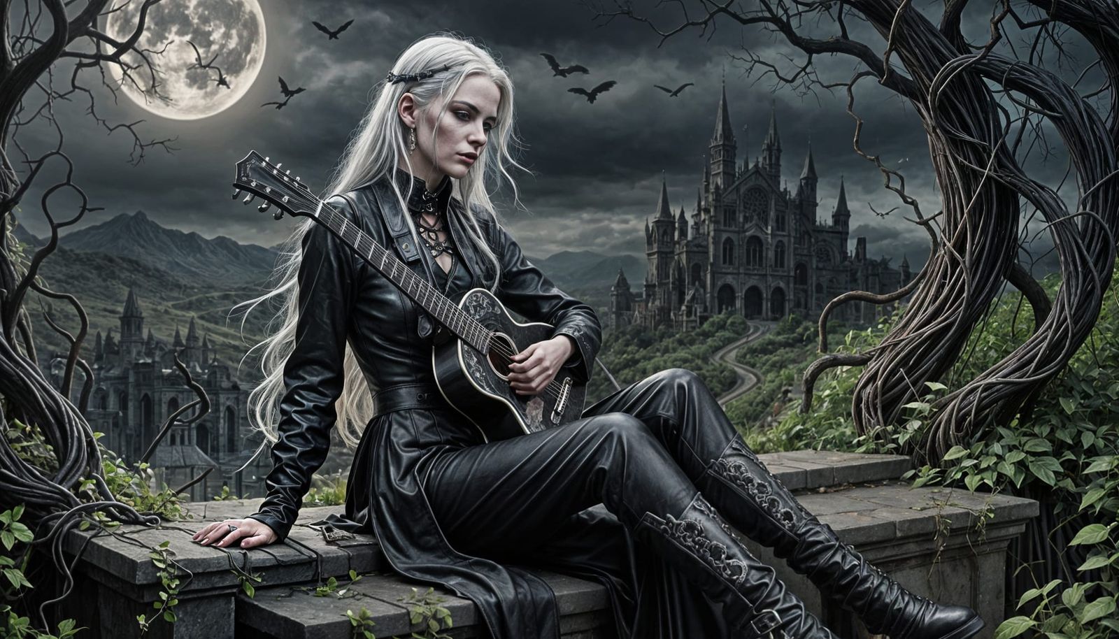 Gothic Woman in Crypt, Holding Guitar