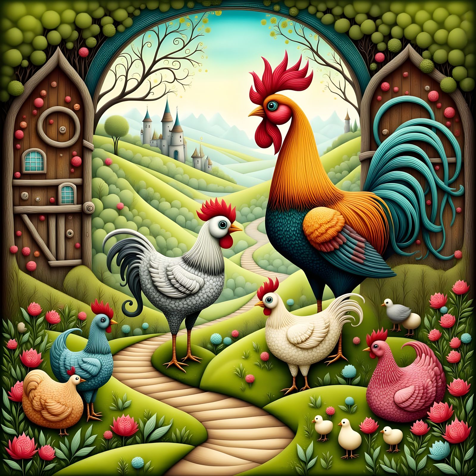 Whimsical Country Chickens in a Barnyard Scene