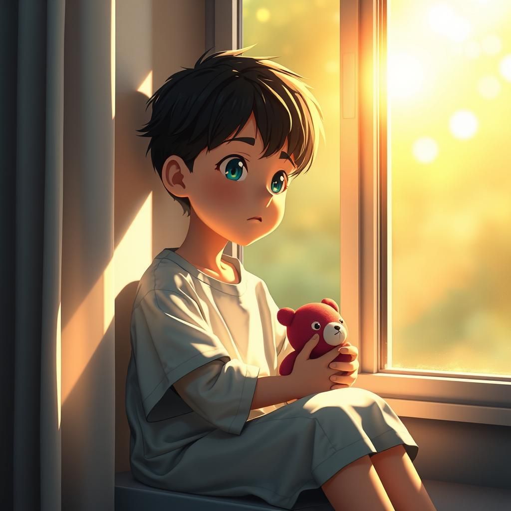 Boy with Leukemia Bathed in Sunlight: Anime-Inspired Digital...