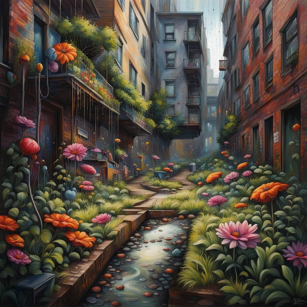 Urban Garden: Graffiti Art Amidst City Buildings