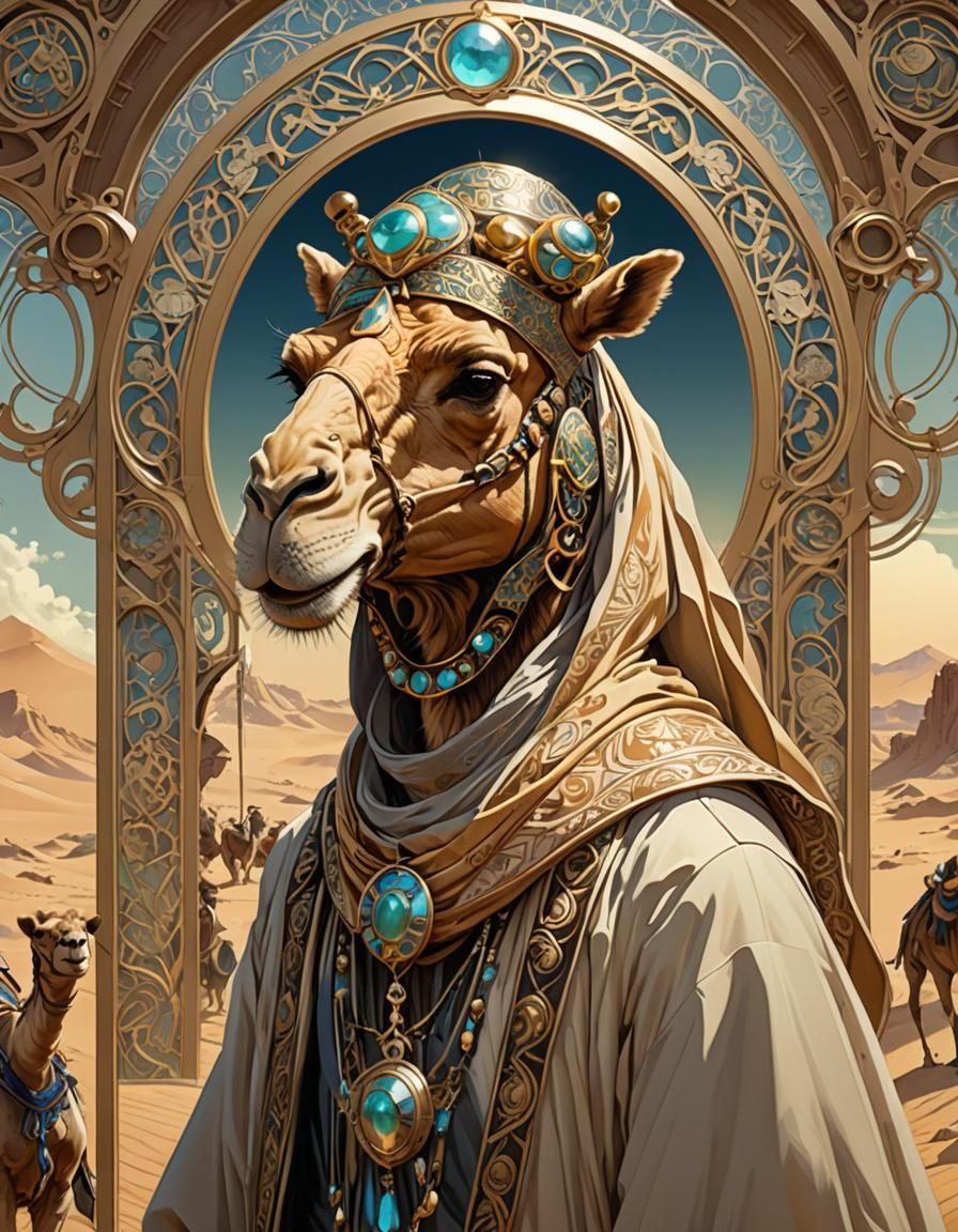 Art Nouveau Camel Bedouin in Desert Scene