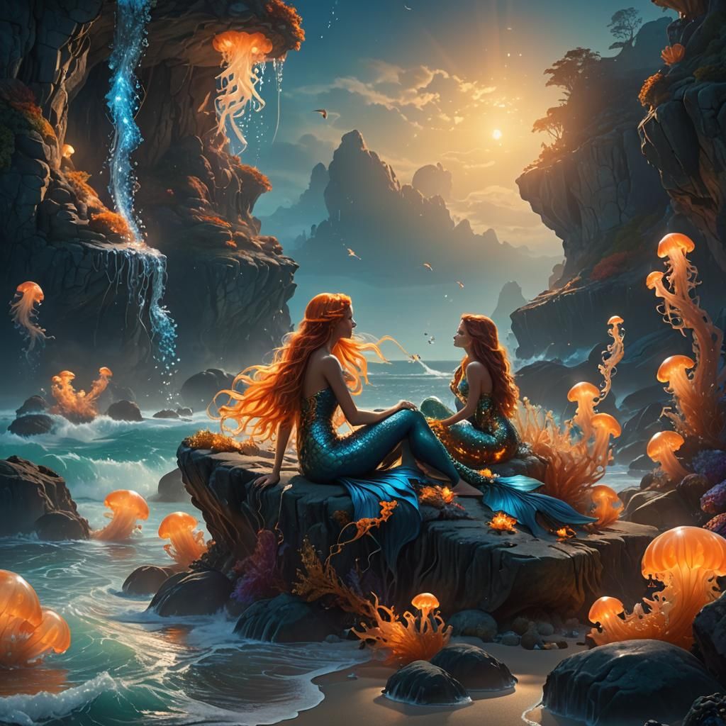 Mermaid on Rocky Beach with Glowing Jellyfish
