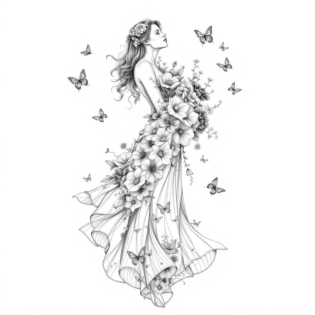 Woman with Flowers in Graphite-Style Line Art