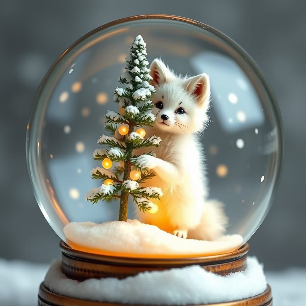 Whimsical Arctic Fox in Vintage Snow Globe Scene