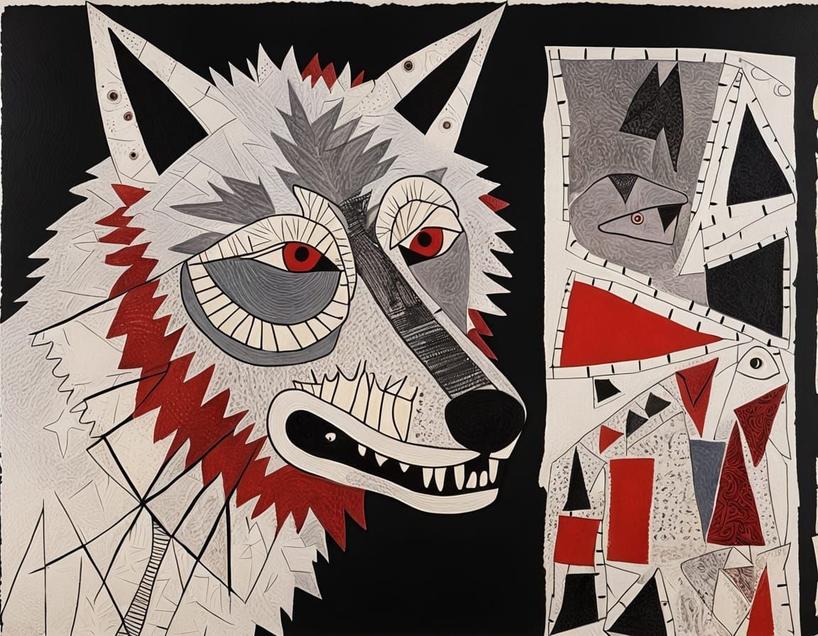 Wolf in Dark, Expressive Mixed Media Style