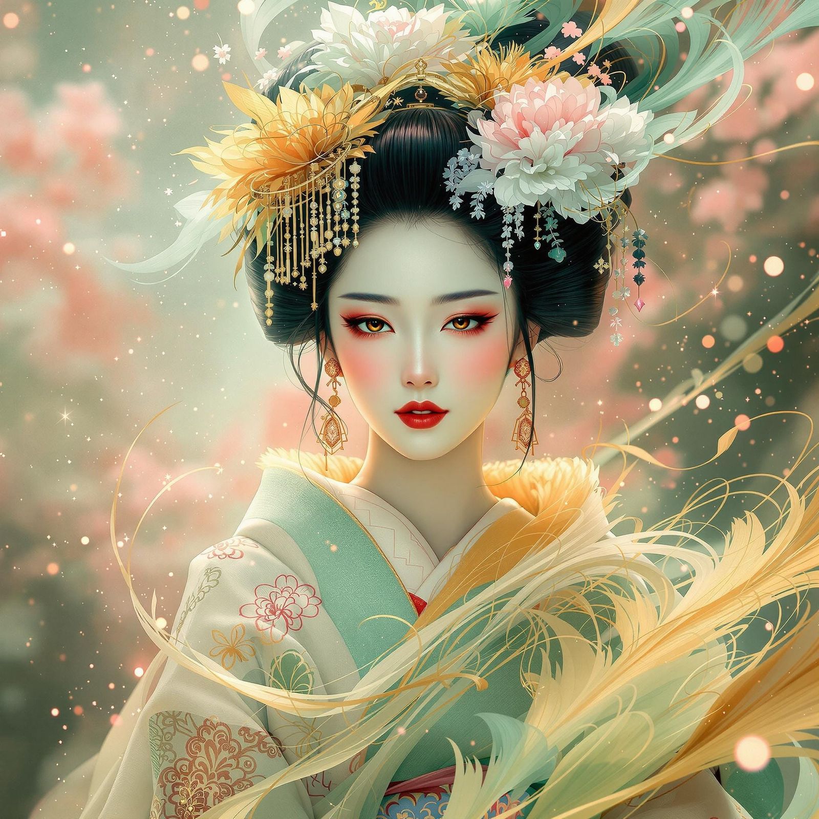 Ethereal Geisha Spirit in Dreamy, Whimsical Japanese Fantasy